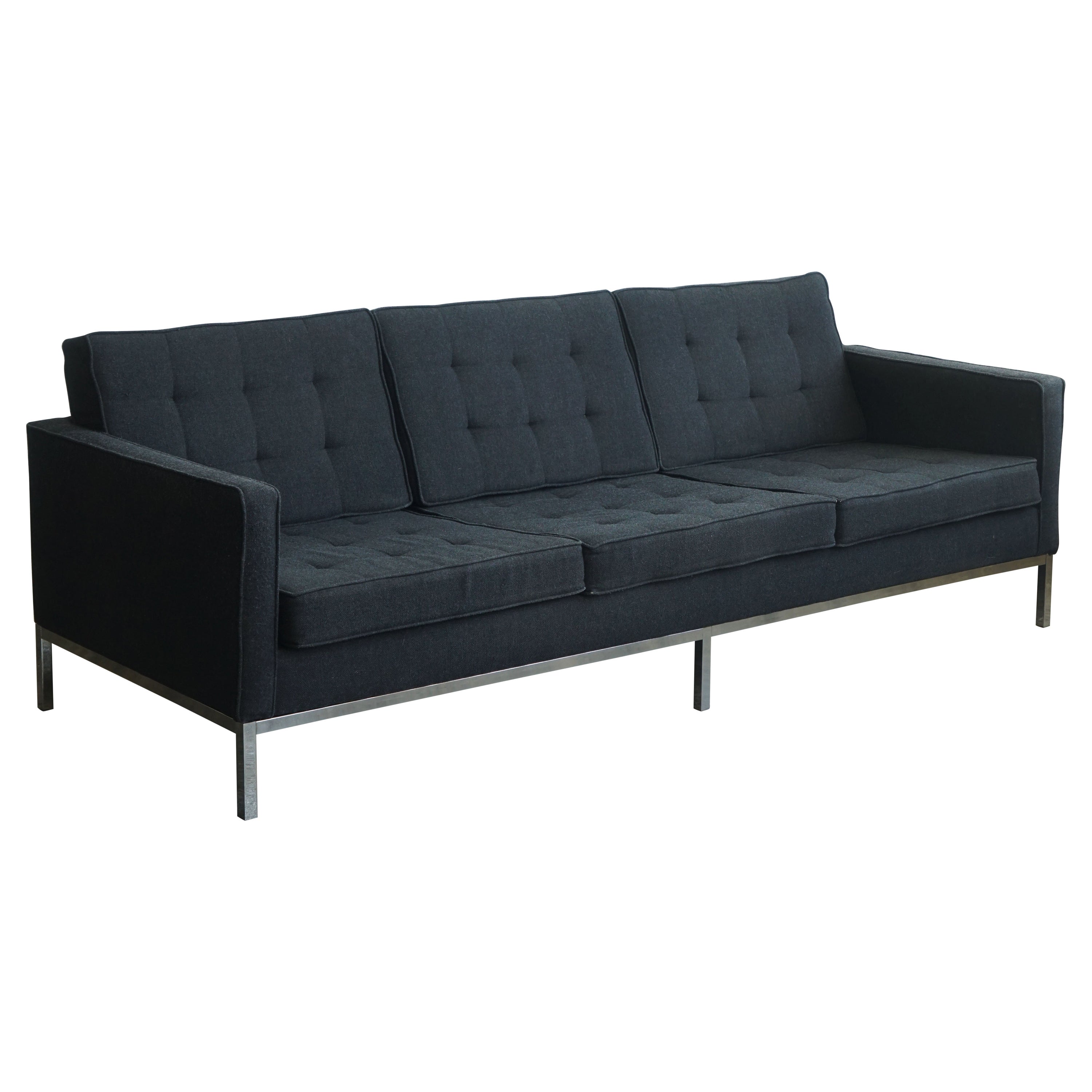 Attributed to Florence Knoll Three-Seat Mid Century Sofa in black upholstery  For Sale