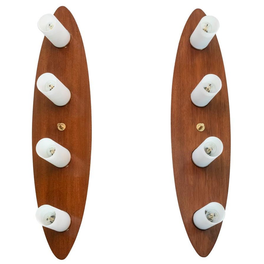 Maison Arlus, Pair of wall sconces in mahogany and opaline. 1960s. For Sale