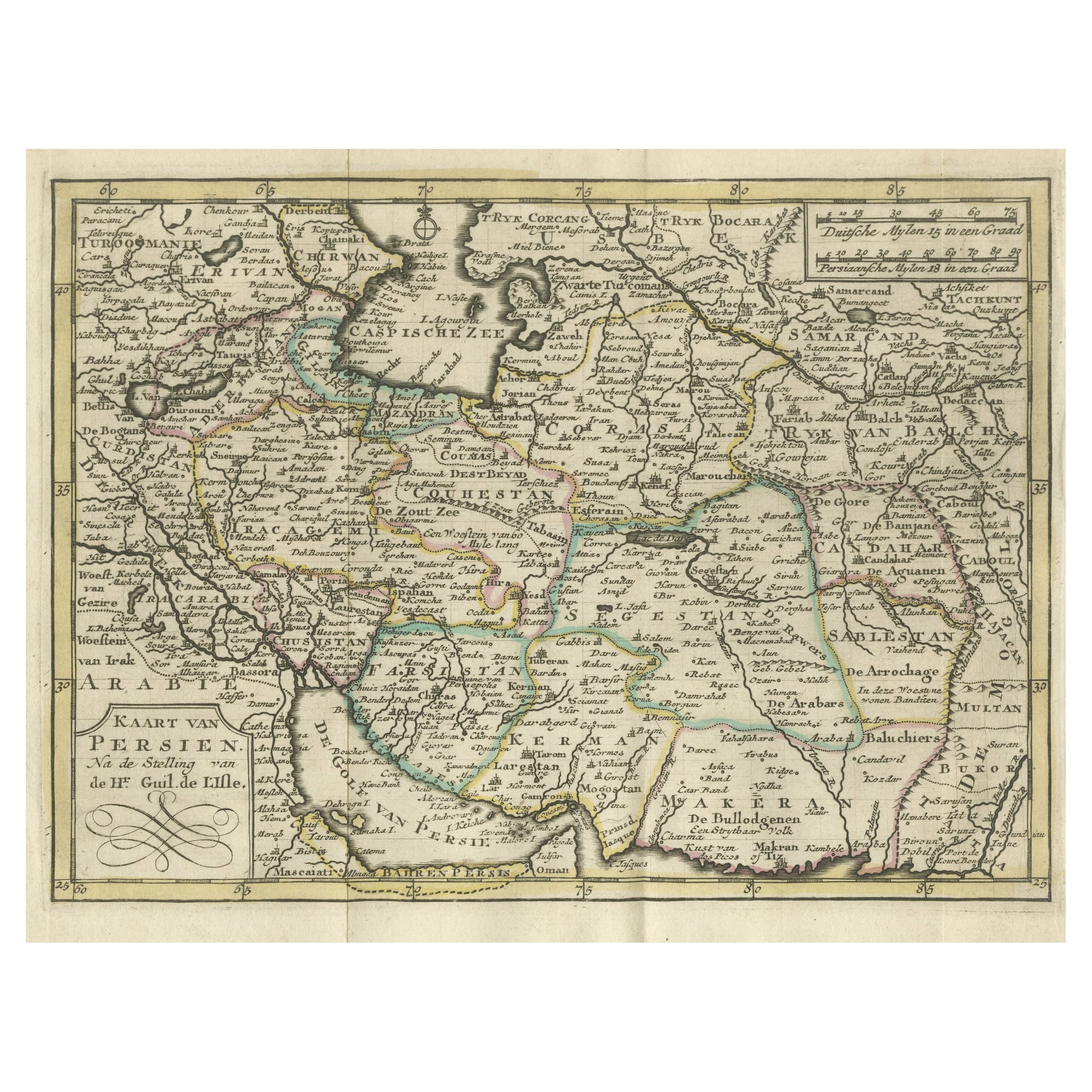 Authentic Old Map of Persia with Original Border Coloring, 1745 For Sale