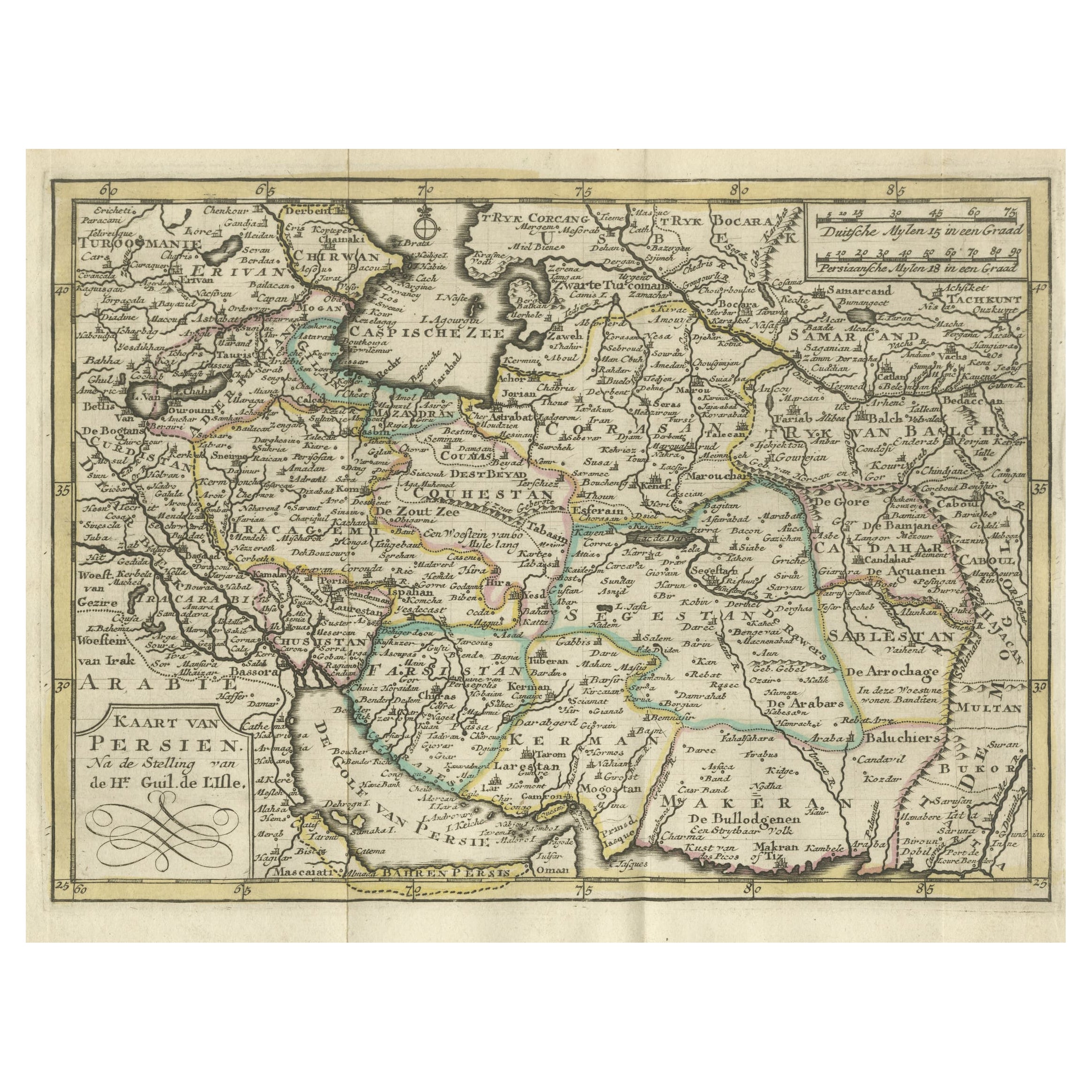 Authentische alte Karte von Persien mit Originalbordüre, 1745