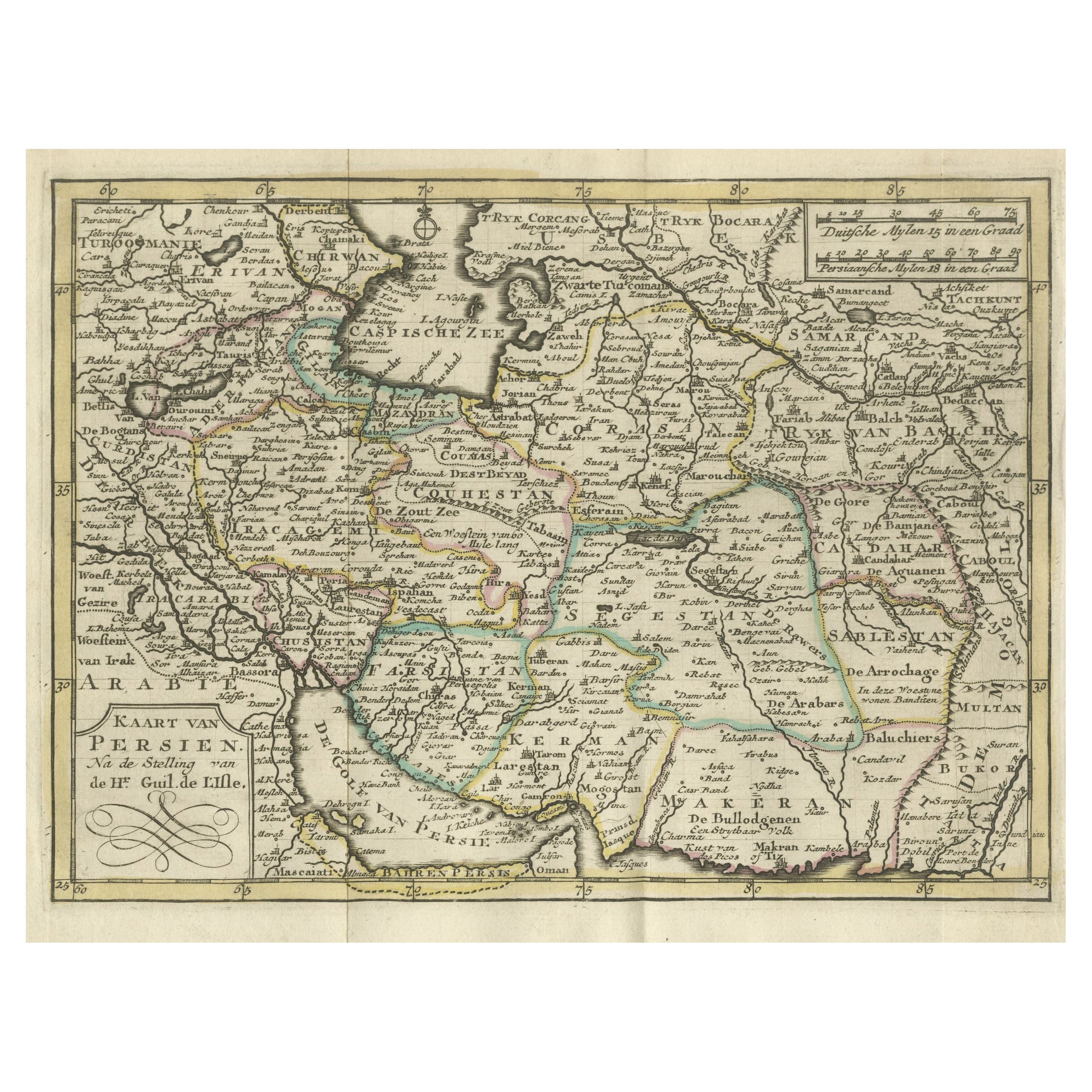 Authentic Old Map of Persia with Original Border Coloring, 1745