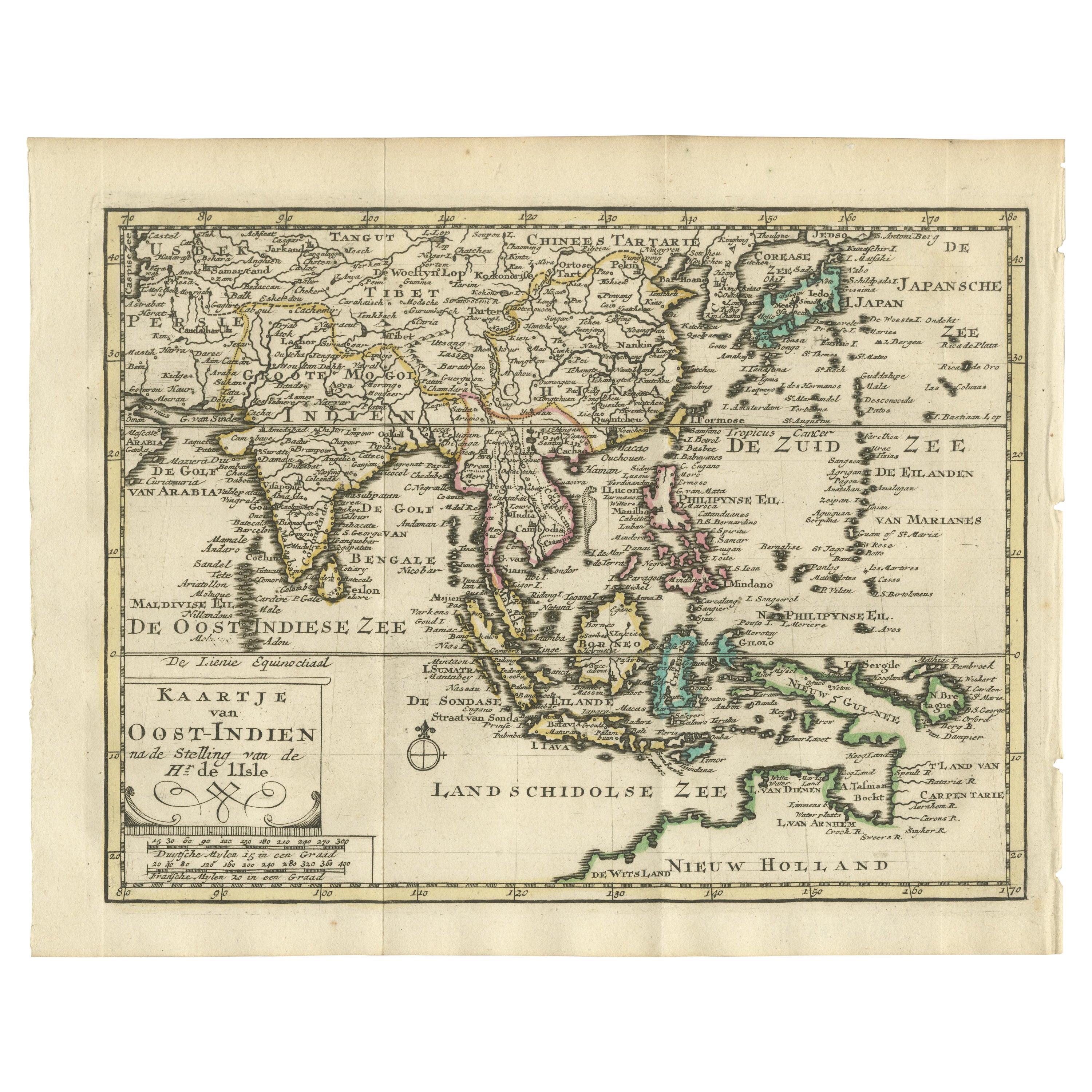 Authentic Old Map of Southeast Asia with Original Border Coloring, 1745 For Sale