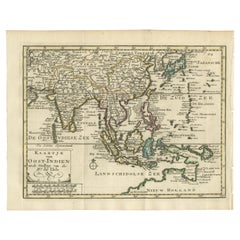 Antique Authentic Old Map of Southeast Asia with Original Border Coloring, 1745