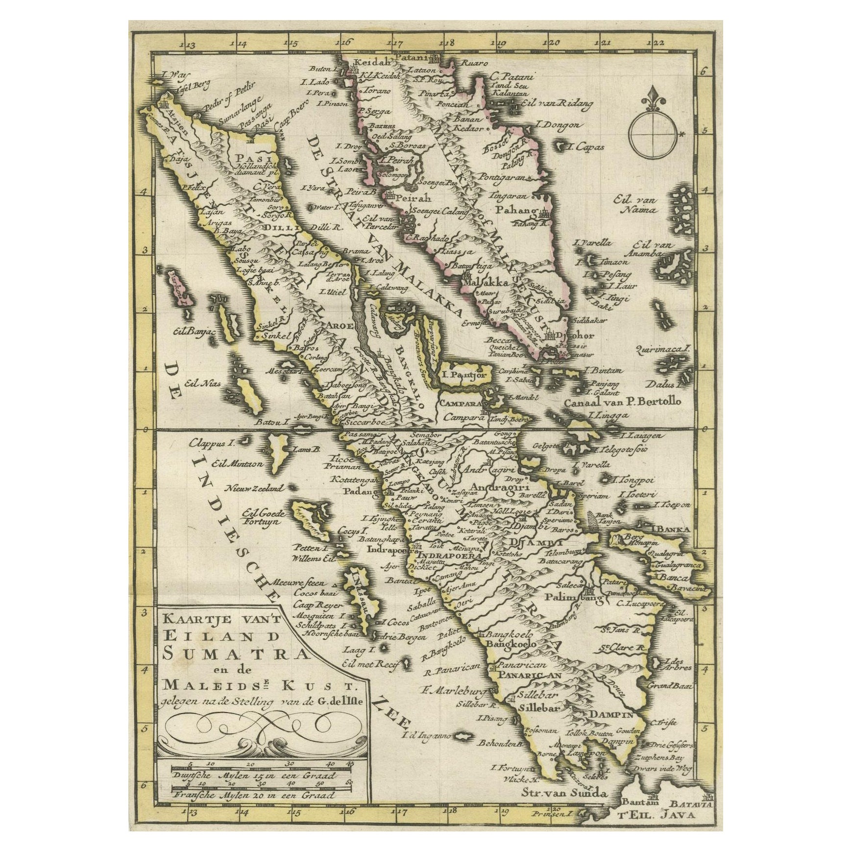 Authentic Old Map of Sumatra, Malaysia and Singapore, 1745 For Sale