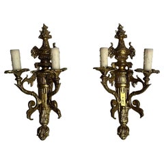 Pair of Louis XVI / Adams Style Bronze Ornate Sconces, Two Light, France, 1940s