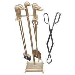 Used Six-Piece Mid-Century Duck Heads Brass Fireplace Tools Set