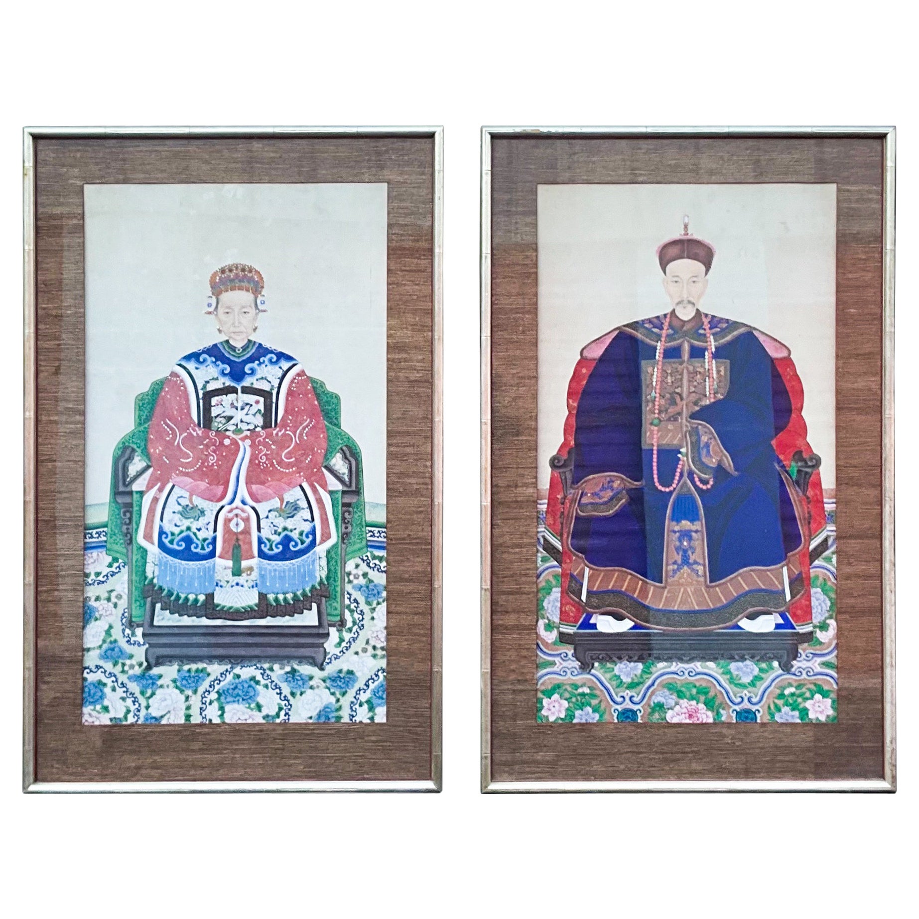 Large Painted Chinese Ancestral Portraits Grasscloth & Faux Bamboo Frames - S/2 For Sale
