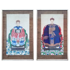 Large Painted Chinese Ancestral Portraits Grasscloth & Faux Bamboo Frames - S/2