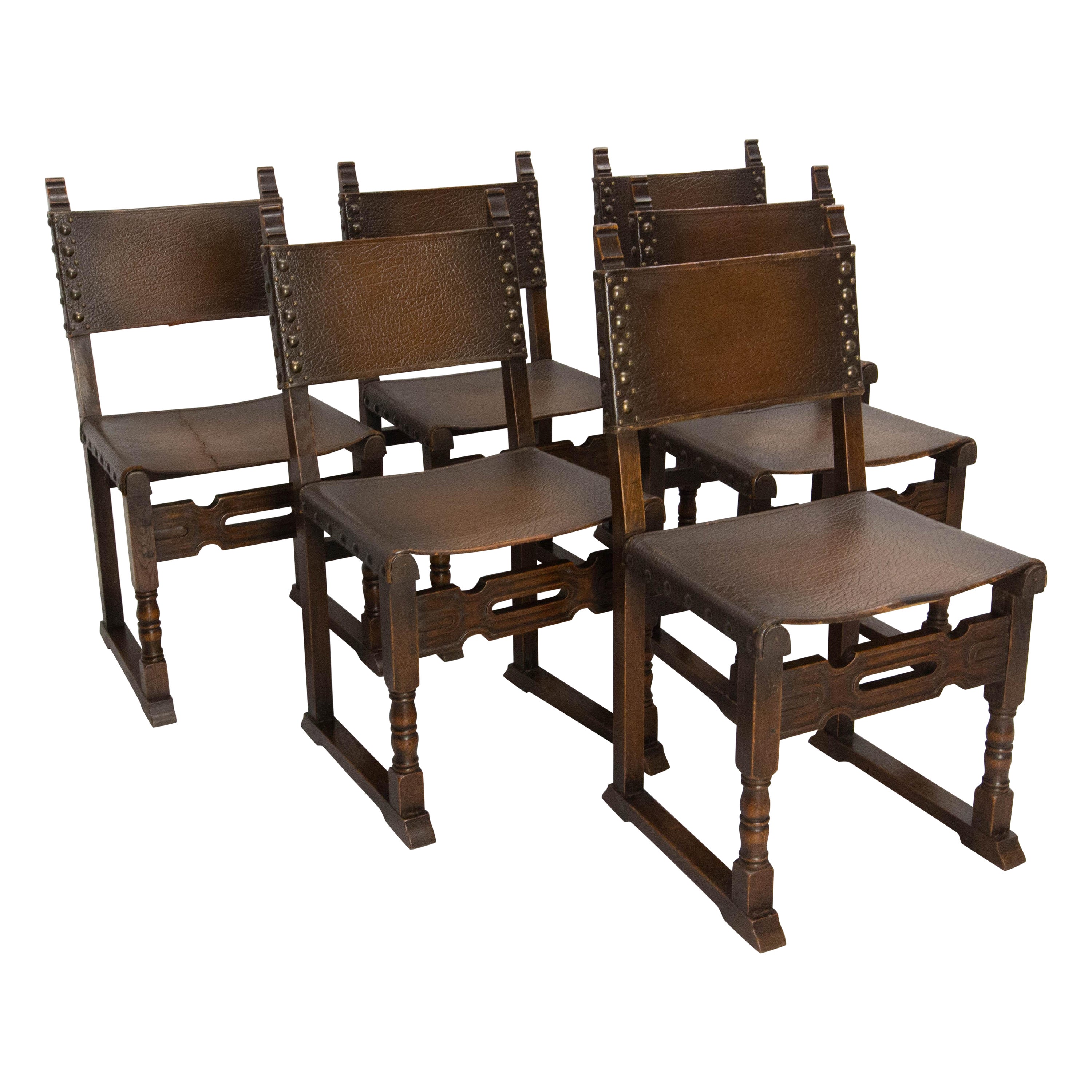 Six Dining Chairs Antique Mid-20th Century Spanish Studs Leather & Chestnut