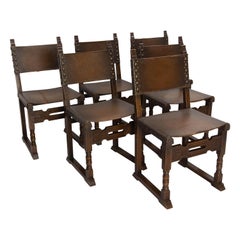 Six Dining Chairs Antique Mid-20th Century Spanish Studs Leather & Chestnut