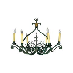 Wrought Iron Industrial Green Painted Chandelier, Circa 1930s