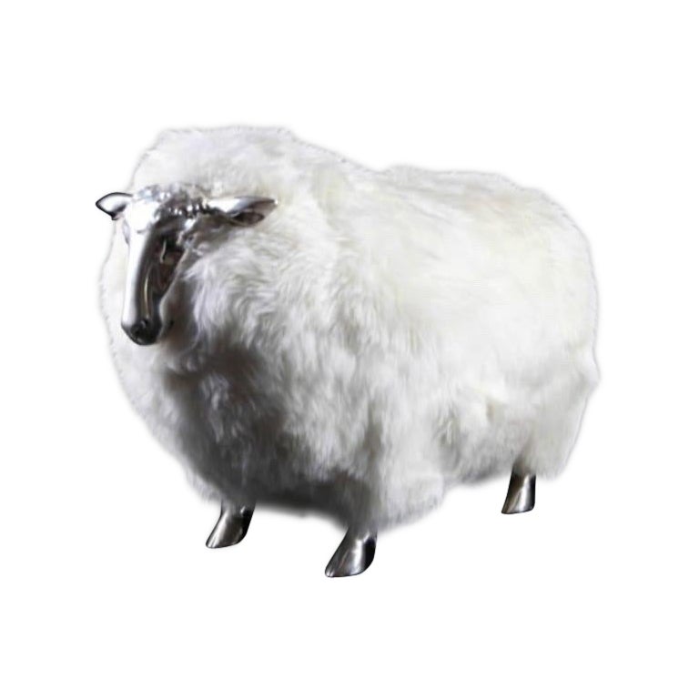 Large silver plated brass and wool « sheep » sculpture  For Sale