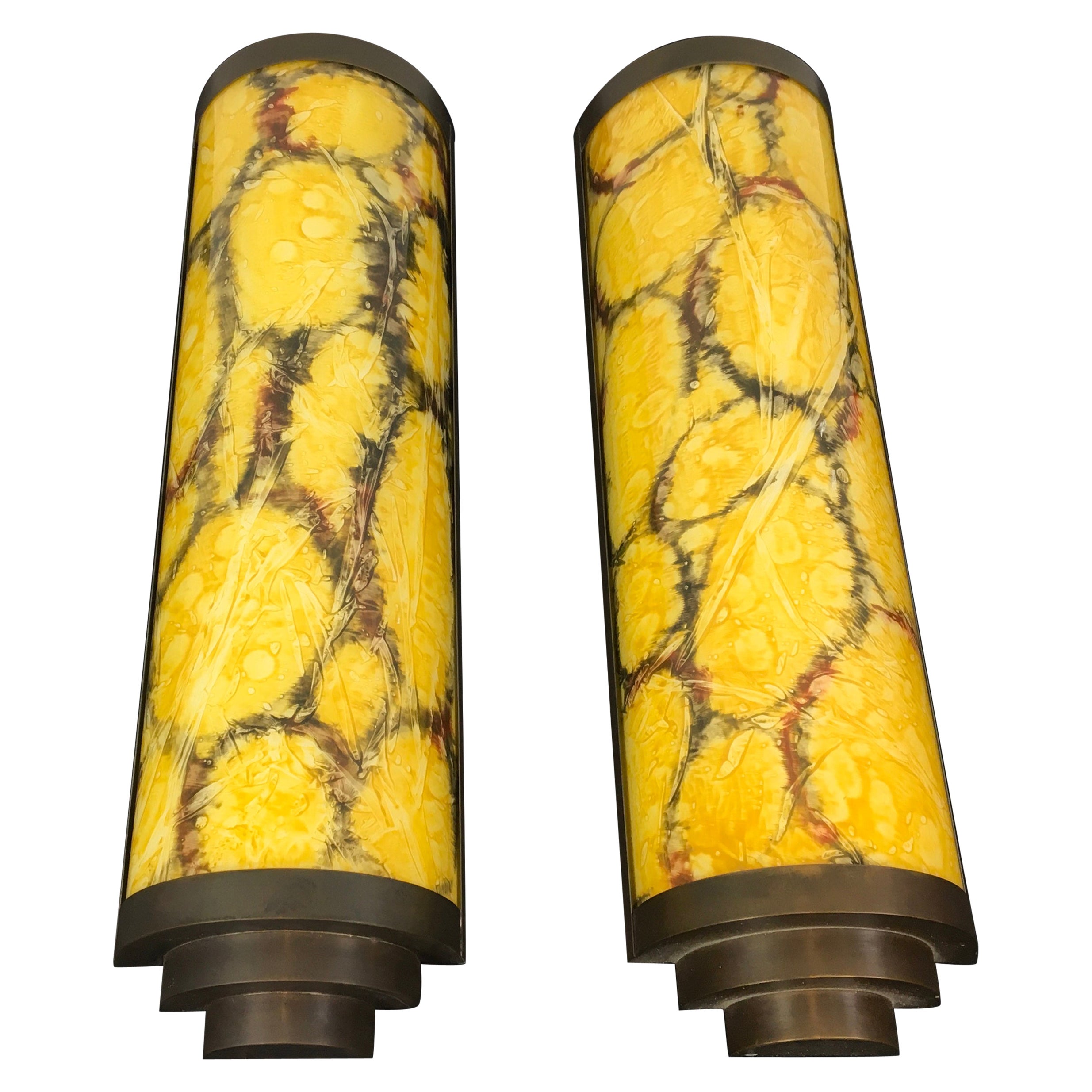 Art Deco Style Wall Scones Marbled Yellow Glass 