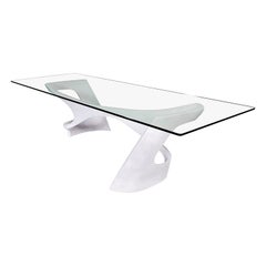Table de salle à manger N2, base artisanale en bois massif avec plateau en verre (modèle de sol)