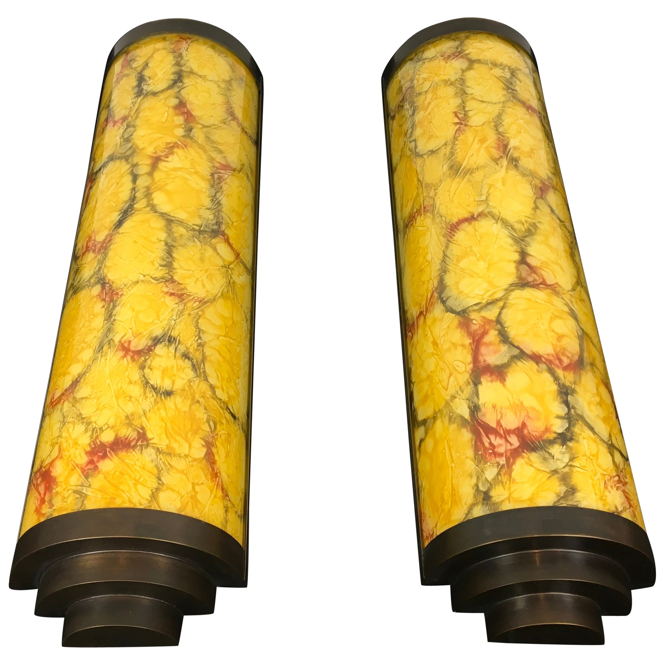 Art Deco Style Wall Scones Yellow Marbled Glass 
