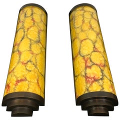 Used Art Deco Style Wall Scones Yellow Marbled Glass 