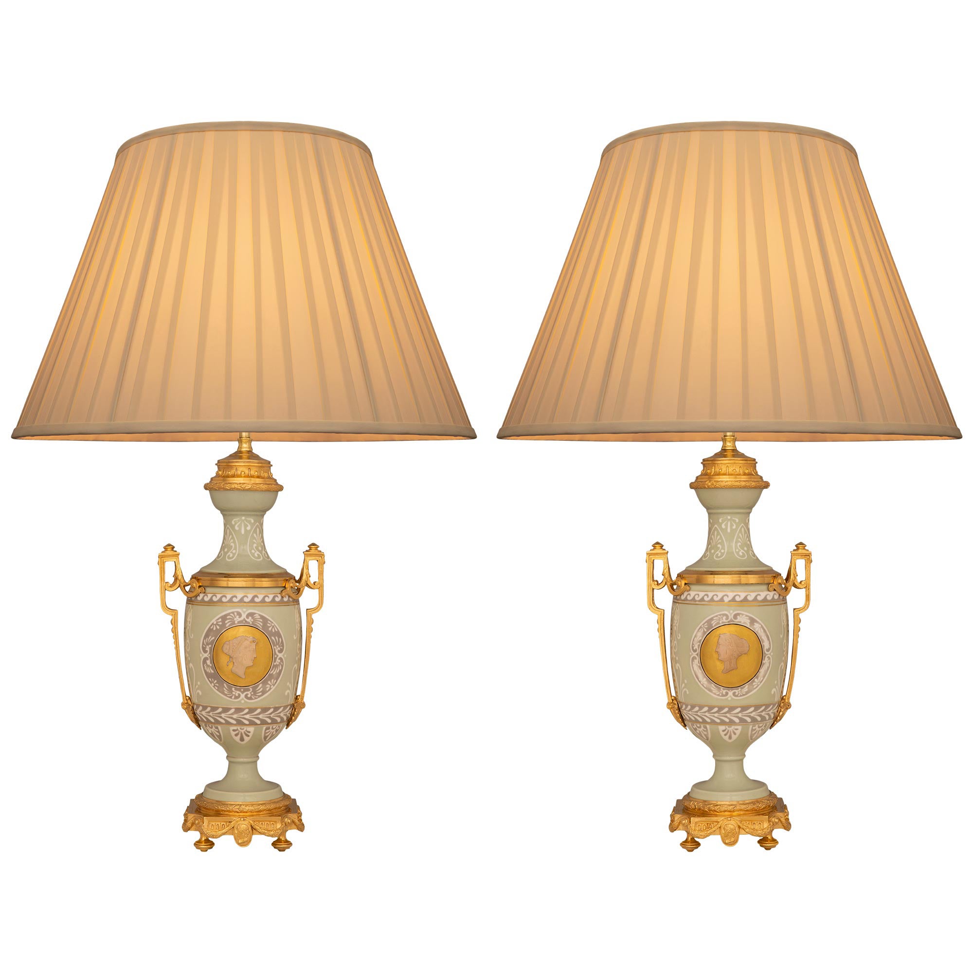 True Pair Of French 19th Century Neo-Classical St. Celadon And Ormolu Lamps