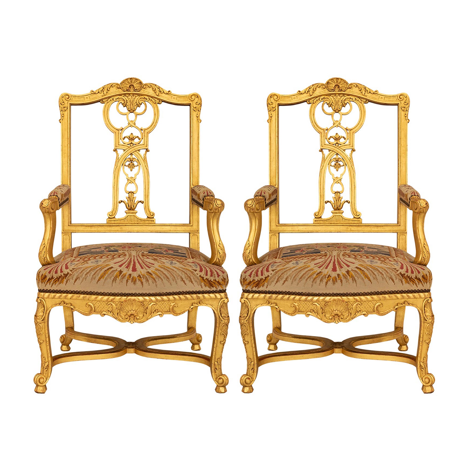 Pair Of French 19th Century Louis XV St. Giltwood Fauteuils Armchairs For Sale