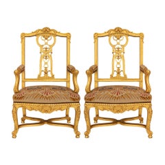 Antique Pair Of French 19th Century Louis XV St. Giltwood Fauteuils Armchairs