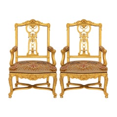 Pareja De Sillones Franceses Del Siglo XIX Louis XV St. Giltwood Fauteuils