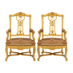 Pair Of French 19th Century Louis XV St. Giltwood Fauteuils Armchairs