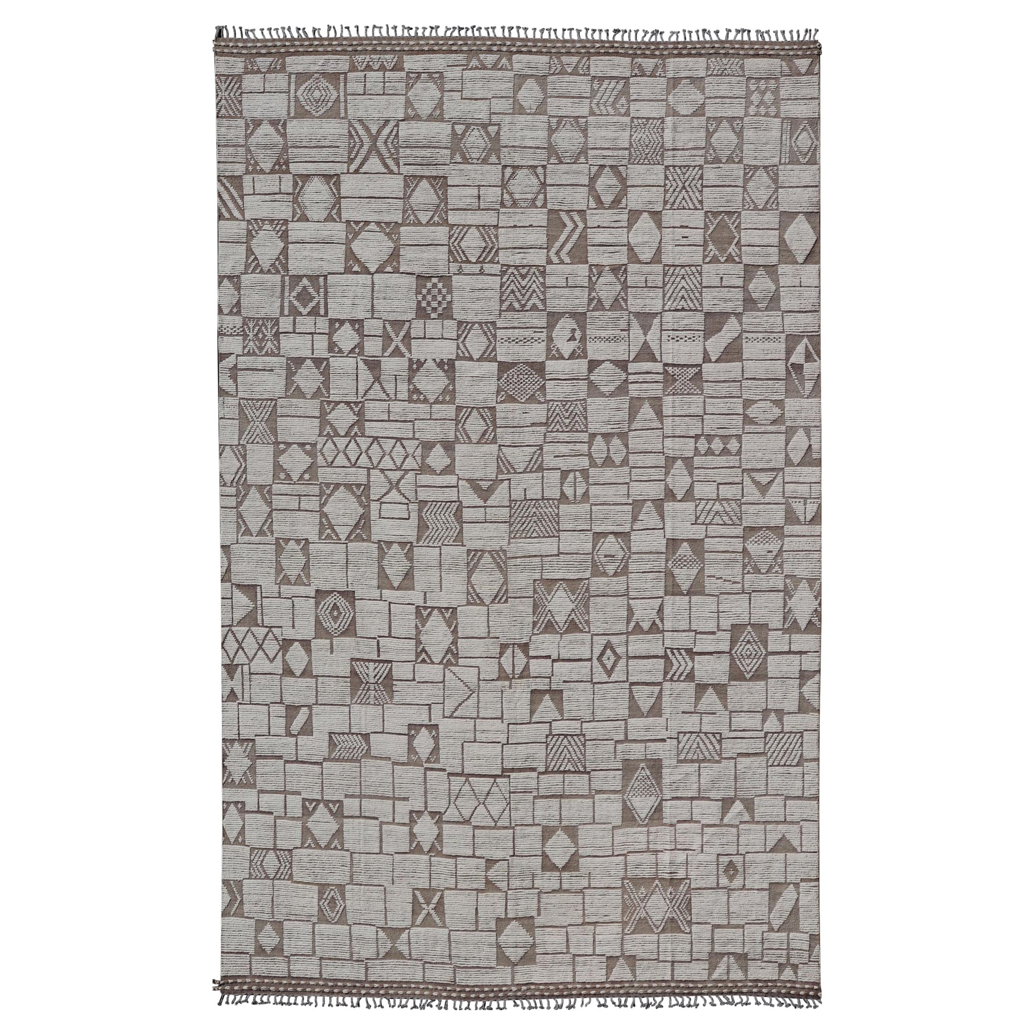 Grand tapis marocain moderne noué à la main en laine avec des motifs subgéométriques 11'6 x 18'3