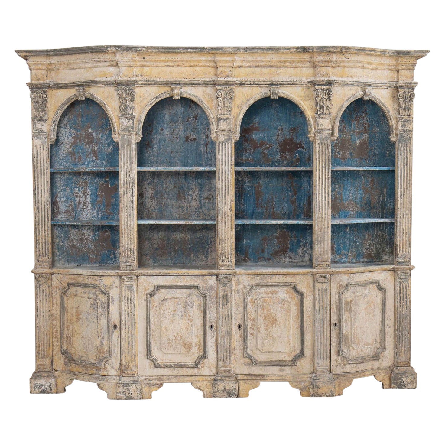 19th c. Italian Two-Part Bibliothèque De Boiserie in Original Paint For Sale