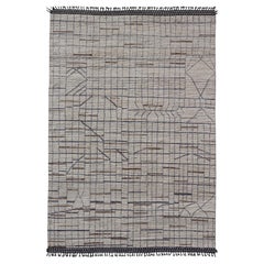 Modern Moroccan Rug in Neutral Tones with Subdued Design with Pops of Blue