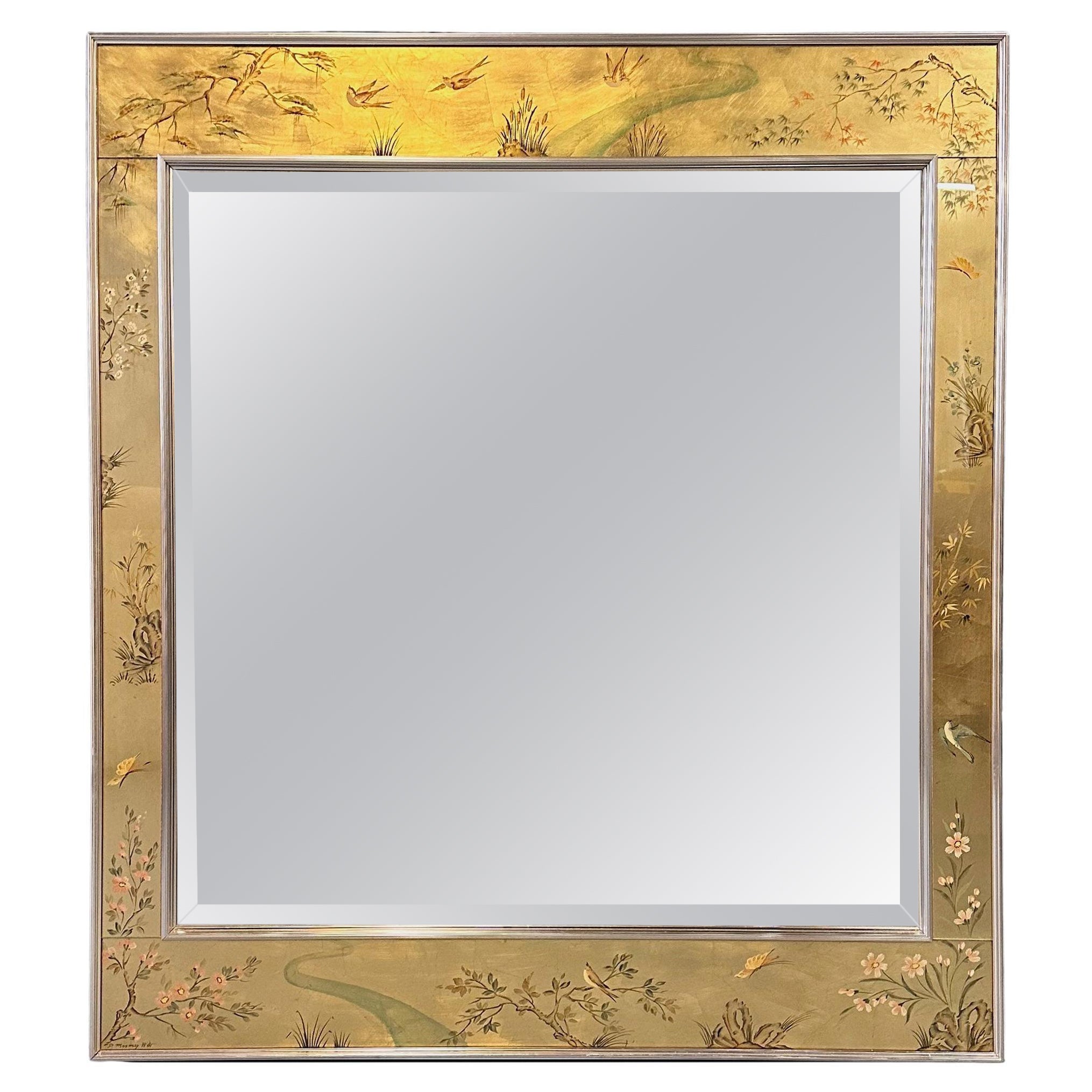 La Barge Square Eglomise Wall Mirror with Chinoiserie Natural Scene Mid Century