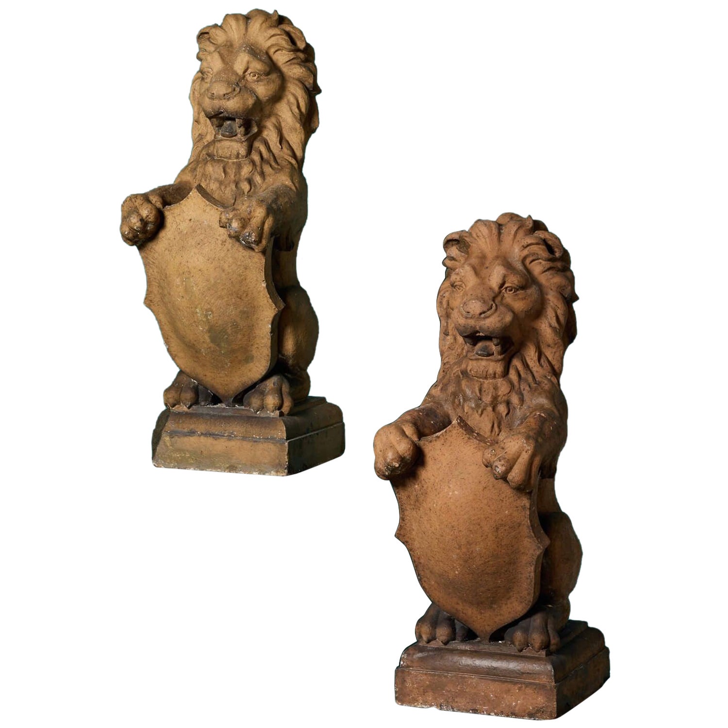 Pair of Scottish Terracotta Shield-bearing Lion Finials For Sale