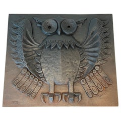 Modernist Cast Iron Fireback Showing an Owl