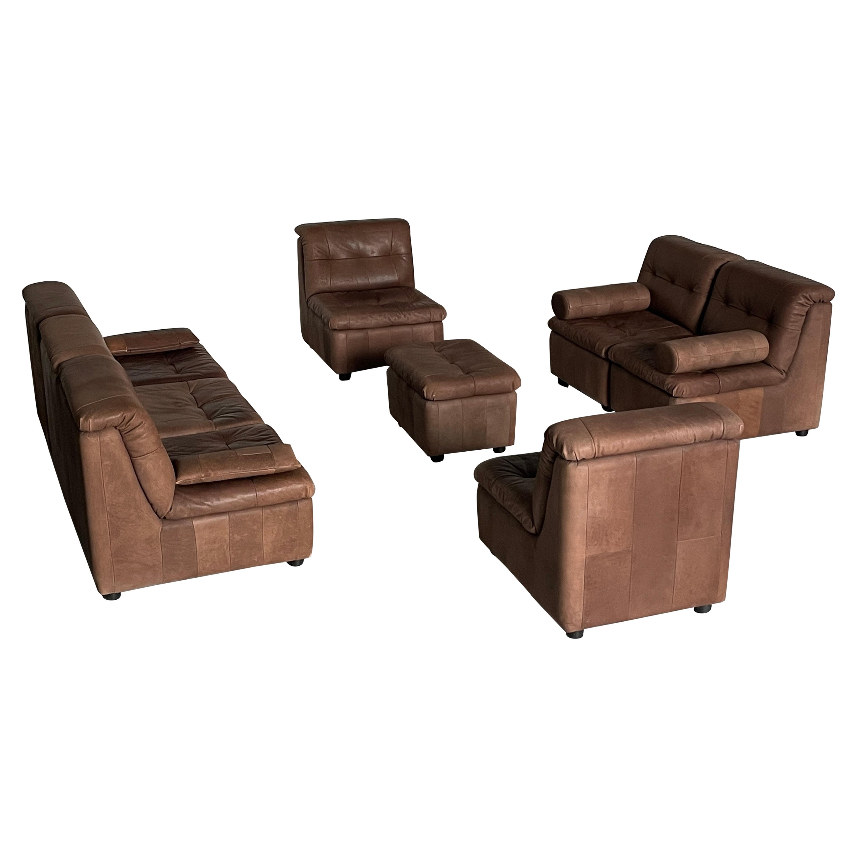 Mid-Century-Modern Patchwork Leather Modular Seating Set in the style of De Sede For Sale