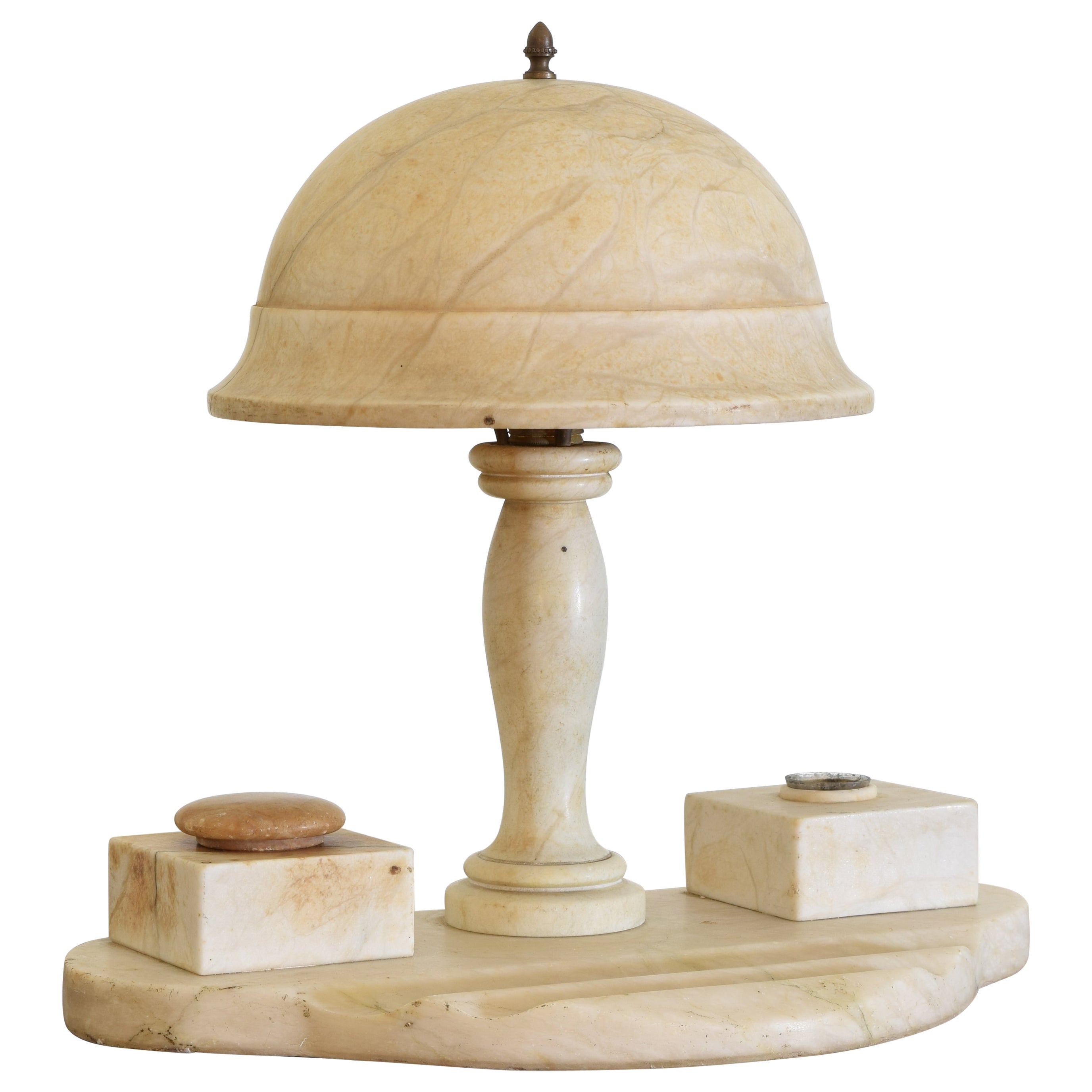 Spanish Art Deco Alabaster Desk Lamp and Inkwell Set For Sale