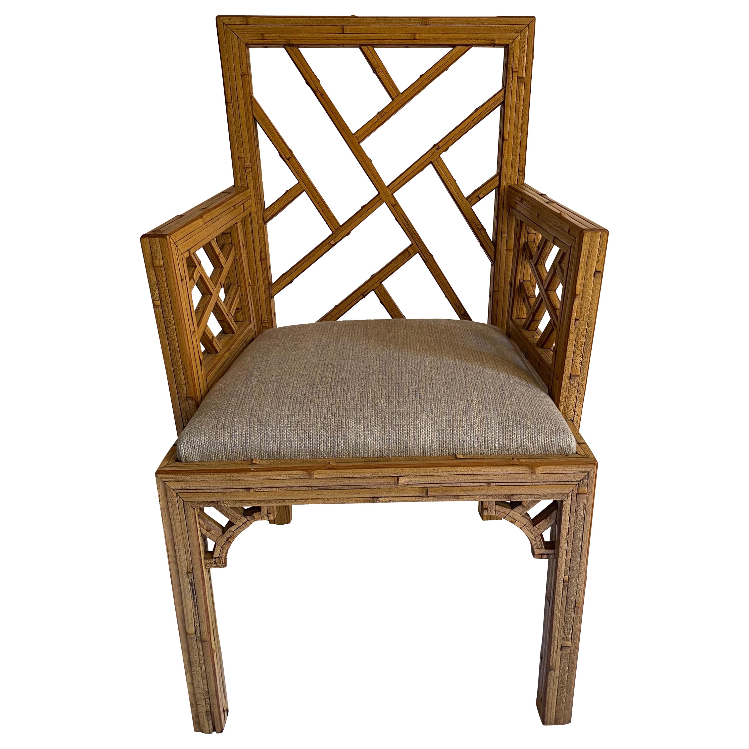 1970s Burnt Bamboo Tessellated Chinese Chippendale Armchair For Sale