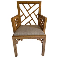Vintage 1970s Burnt Bamboo Tessellated Chinese Chippendale Armchair