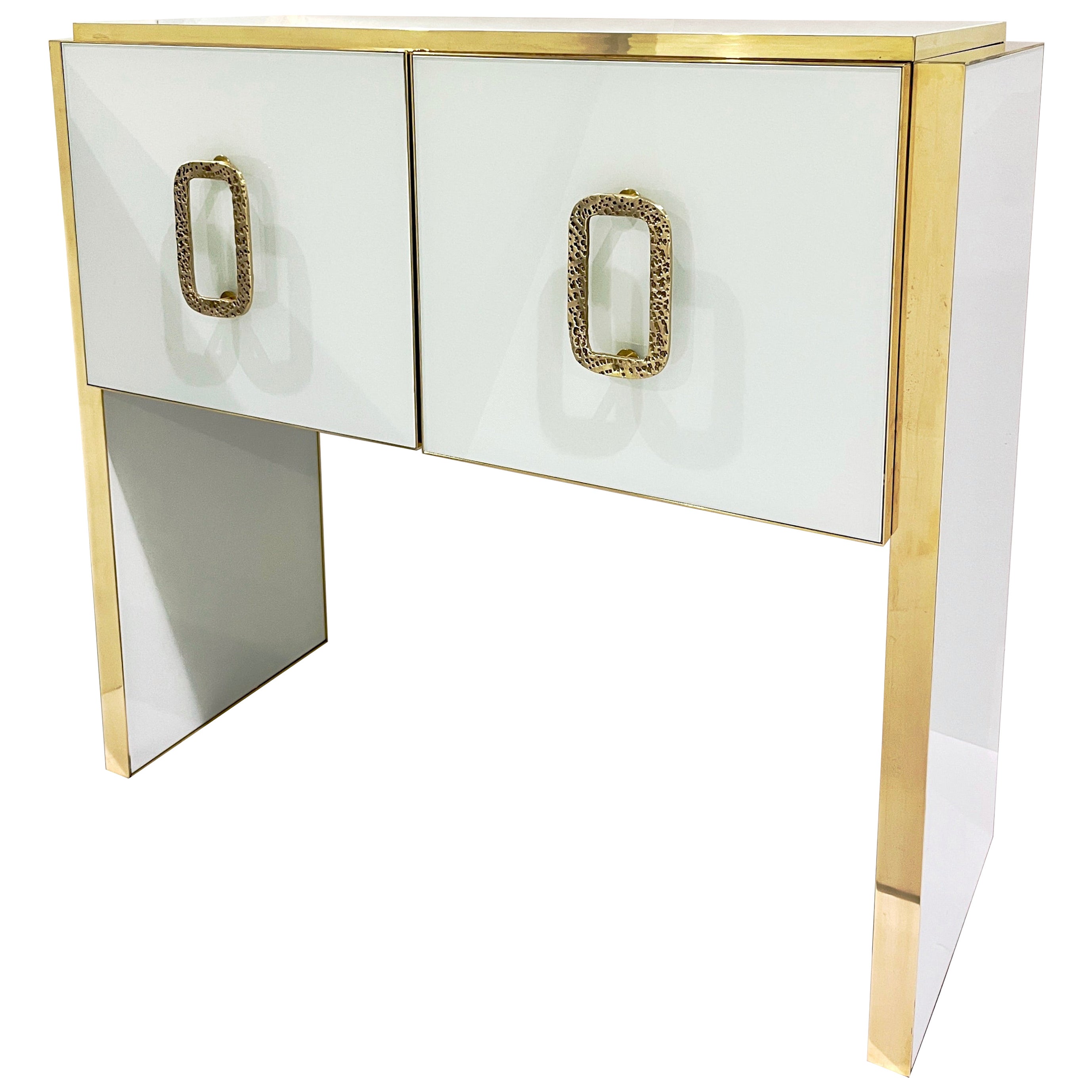 Modern Italian Custom Design Brass Edged Ivory White 2 Door Cabinet/Bar For Sale