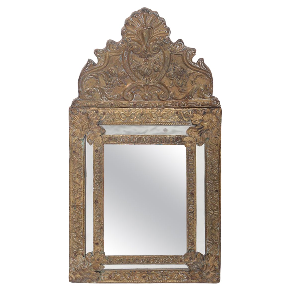 A small Dutch style brass repouse mirror circa 1890. For Sale