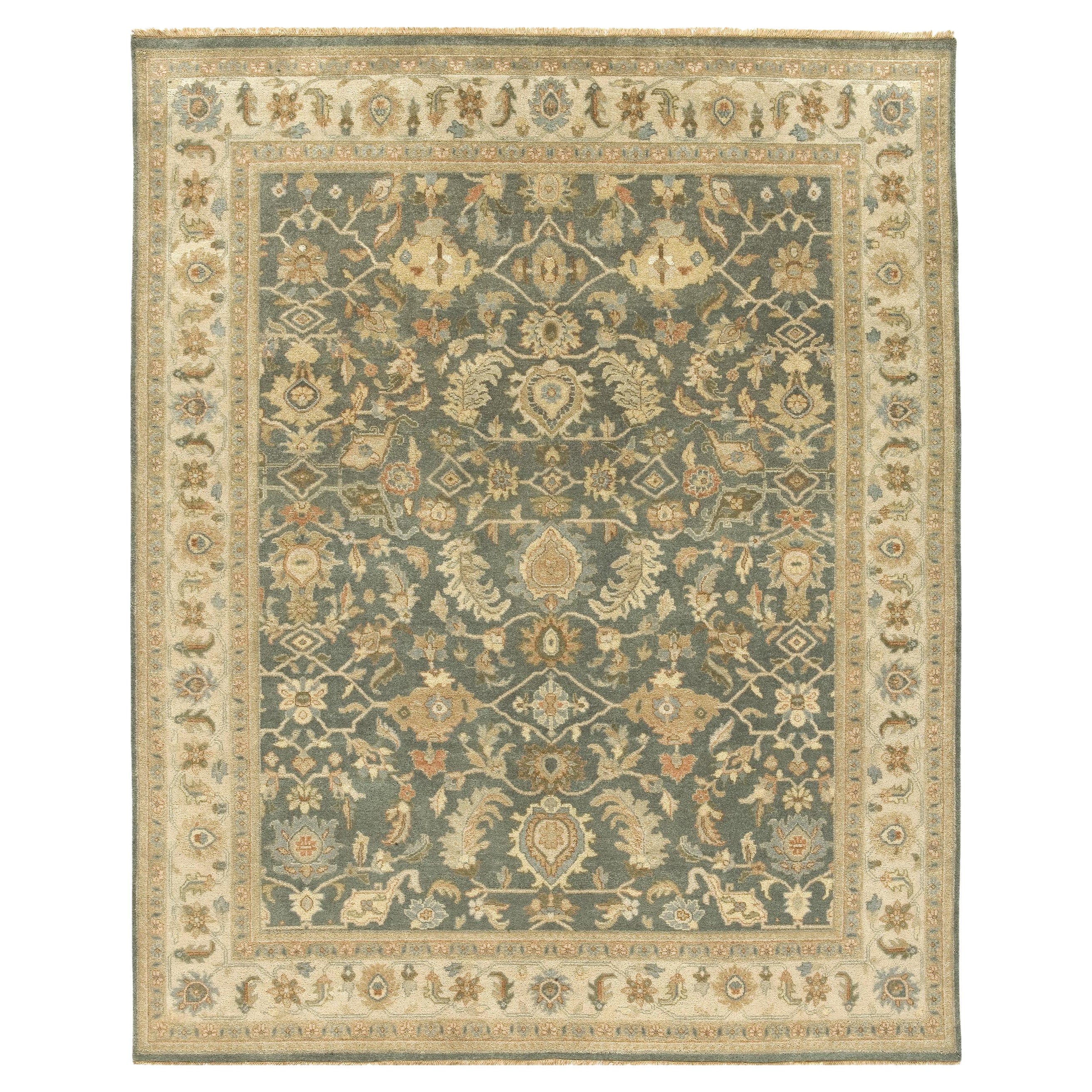Luxury Traditional Hand-Knotted Ferrahan Teal & Beige 12x22 Rug For Sale