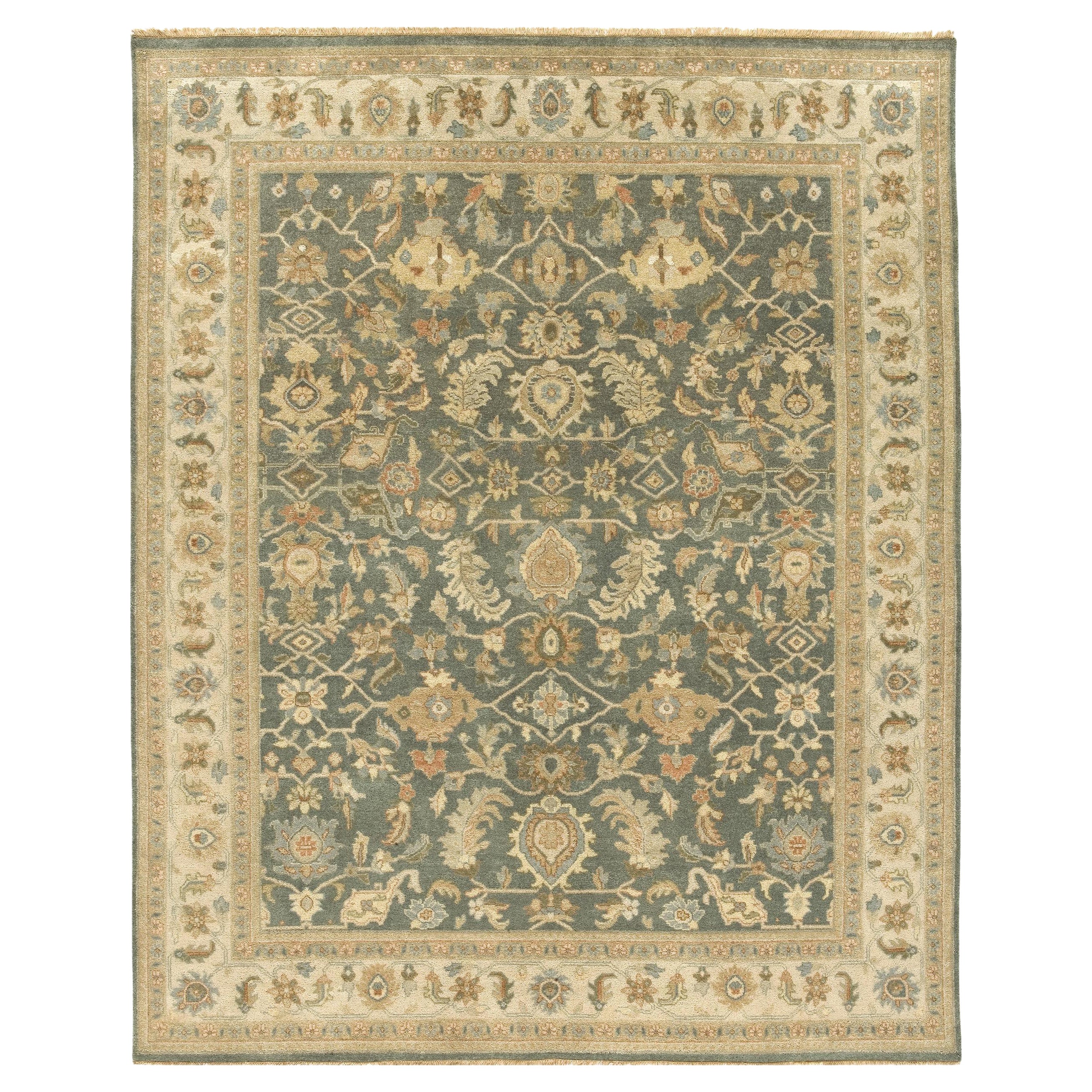 Tapis de luxe traditionnel noué à la main Ferrahan bleu sarcelle et beige 12x22