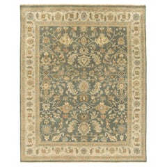 Tapis de luxe traditionnel noué à la main Ferrahan bleu sarcelle et beige 12x22