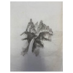 Oeuvre d'art originale vintage d'un paysage de cascade sur papier.
