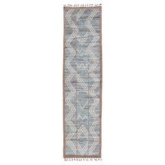 Modern Hand-Knotted Runner in Wool with Diamond Design With Teal, Ivory Tones