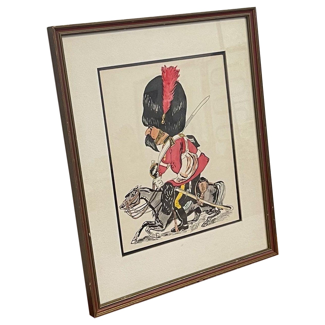 Vintage Whimsical Paint Illustration of British Soldier in Wood Frame. For Sale