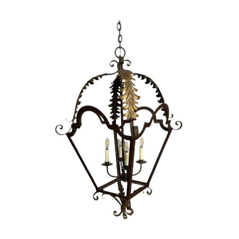 Wrought Iron and Brass Architectural Lantern Chandelier