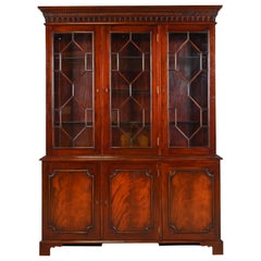 Retro Baker Furniture Style Georgian Carved Flame Mahogany Breakfront Bookcase Cabinet