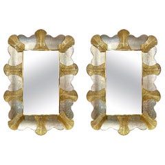 Italienisches Paar Art Deco Stil gebogenes Blatt Gold Silber Murano Glas Messing Spiegel
