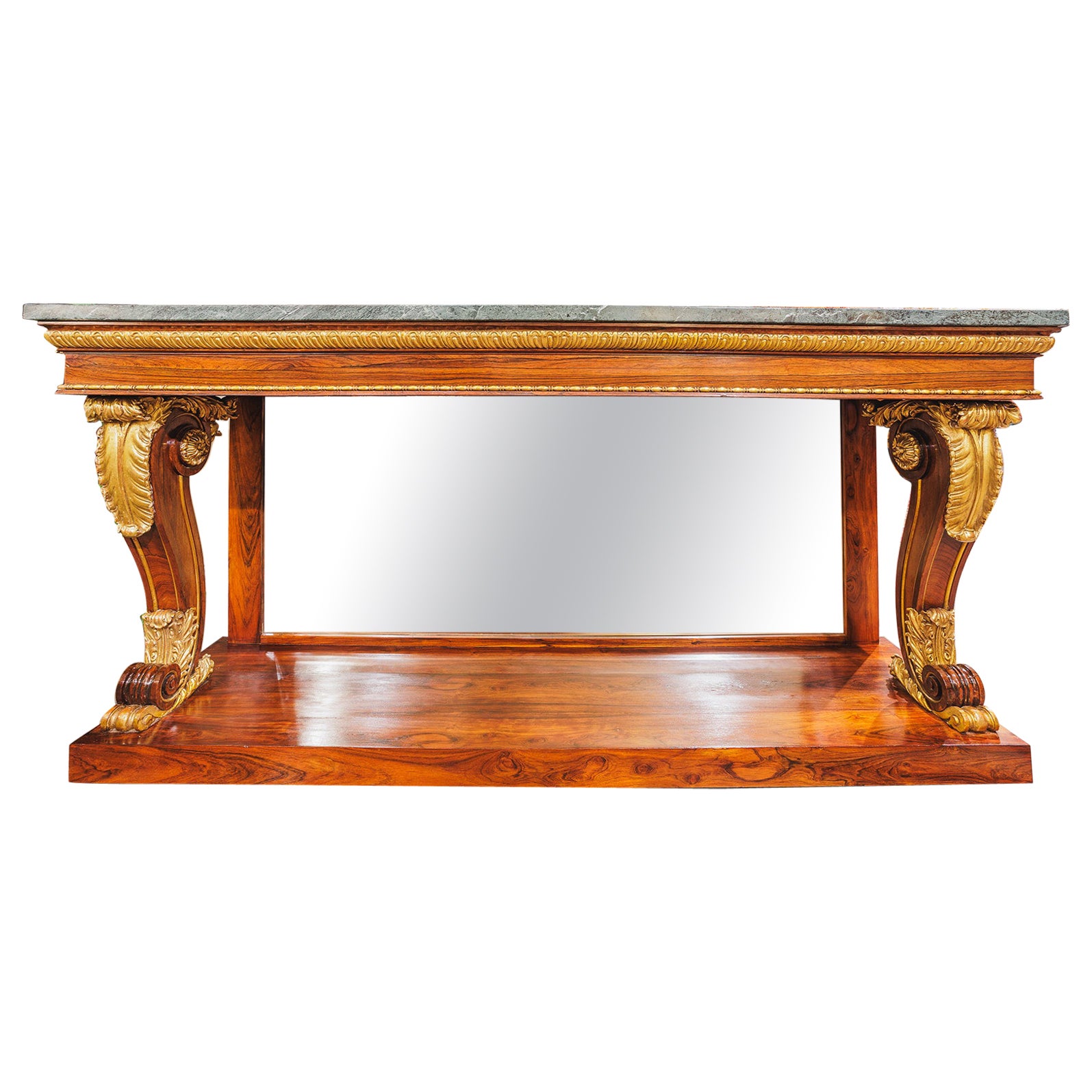 A very fine Regency period rosewood and parcel gilt marble top console table 