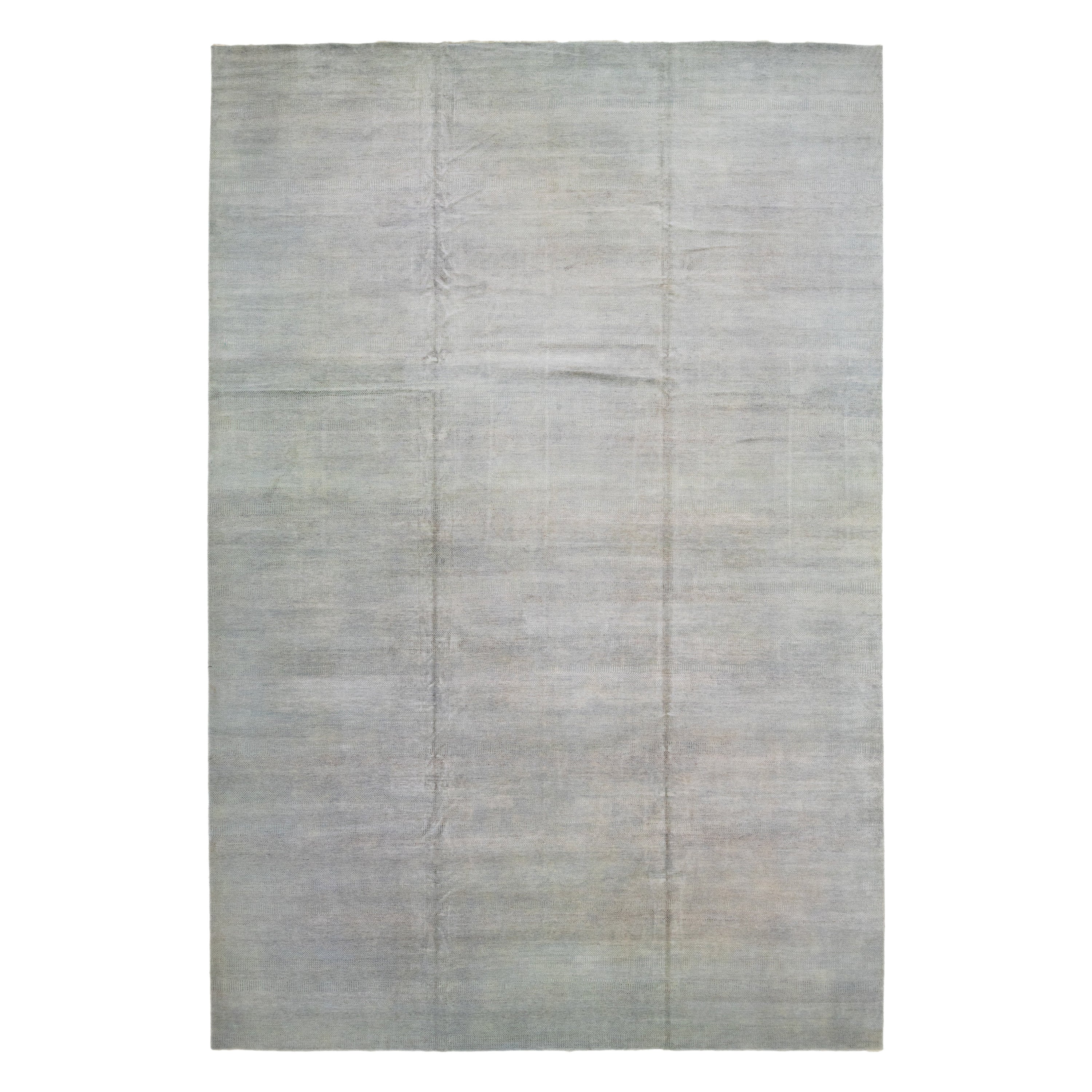 Oversize Modern Handmade Gray Savannah Wool Rug With Geometric Motif