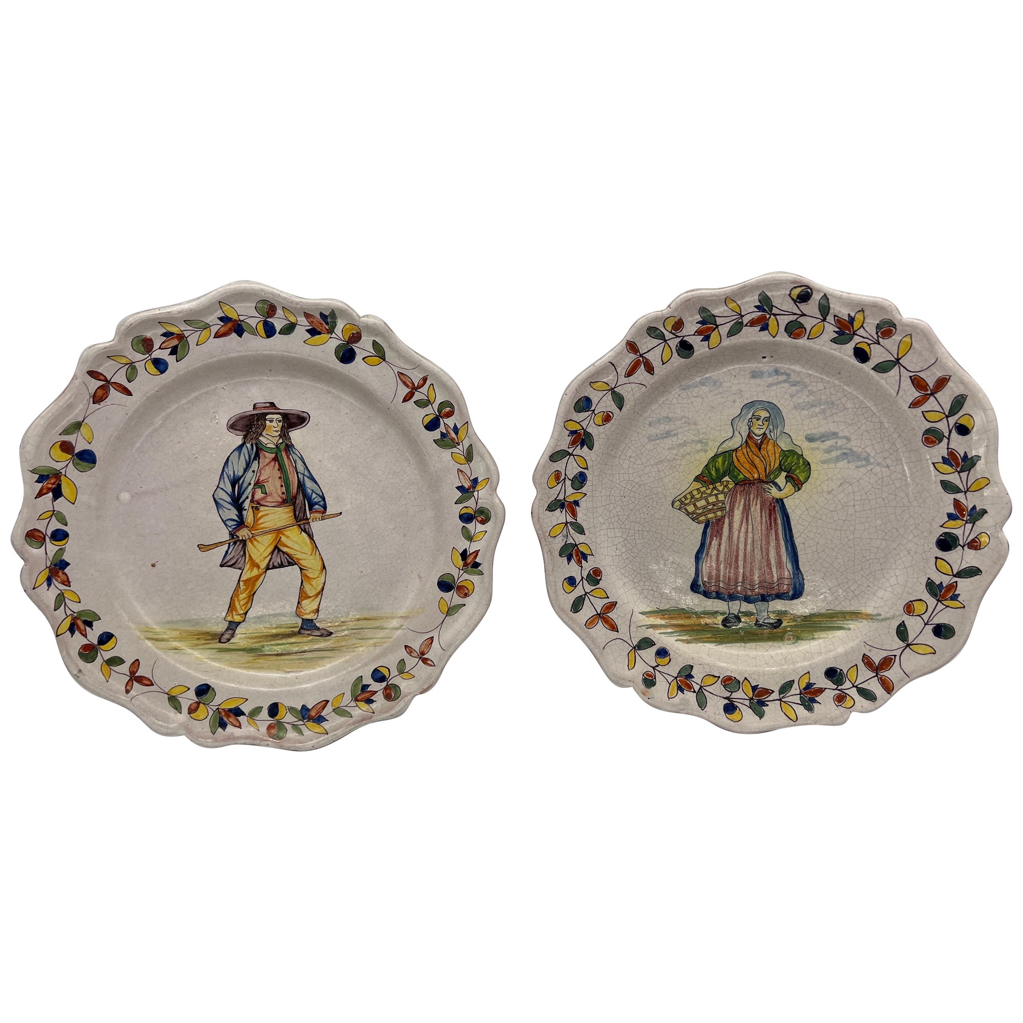 Pair, Large French Quimper Faience Pottery Figural Plates 13" 