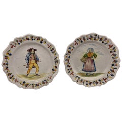 Pair, Large French Quimper Faience Pottery Figural Plates 13" 